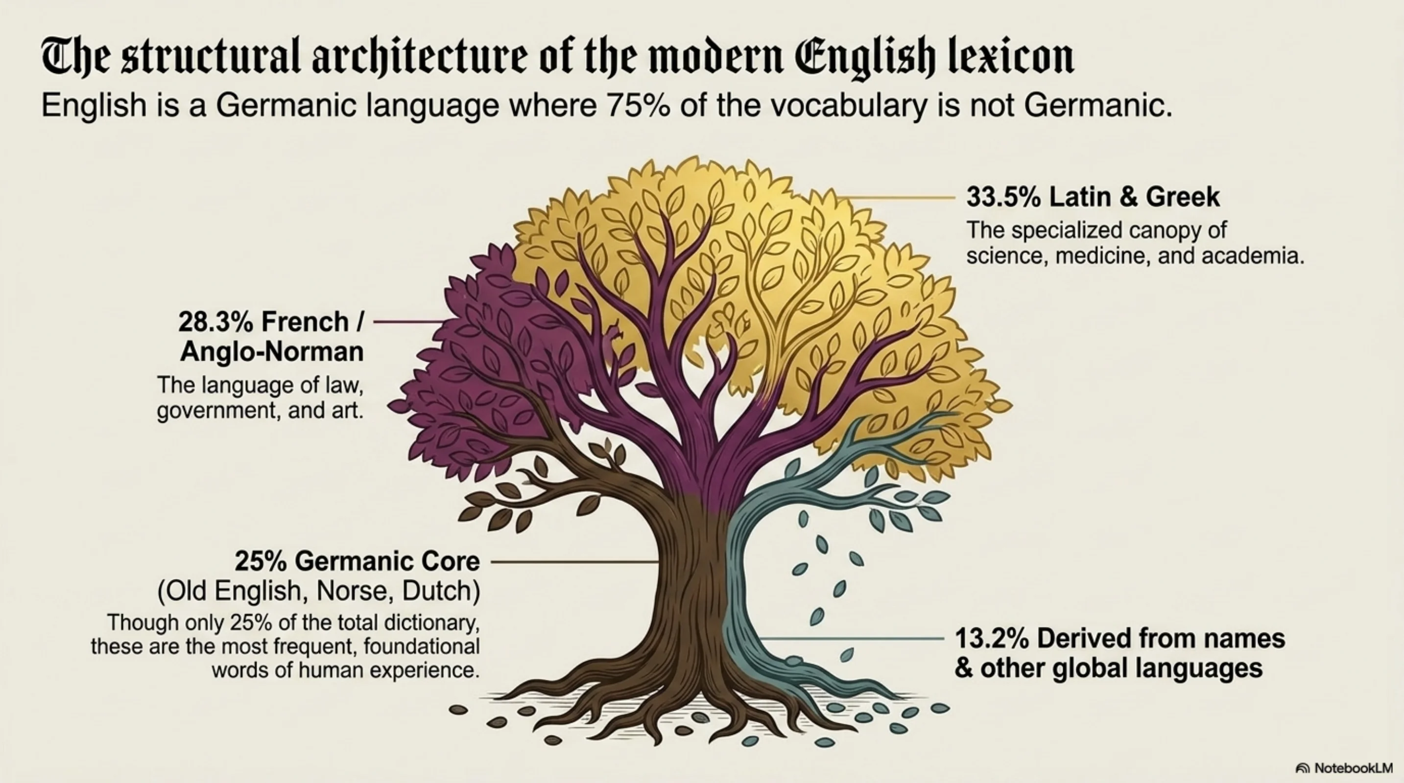 The Great Vowel Shift (1400–1700): long vowels systematically raised in the mouth, with the highest vowels fracturing into diphthongs, severing English pronunciation from its continental relatives