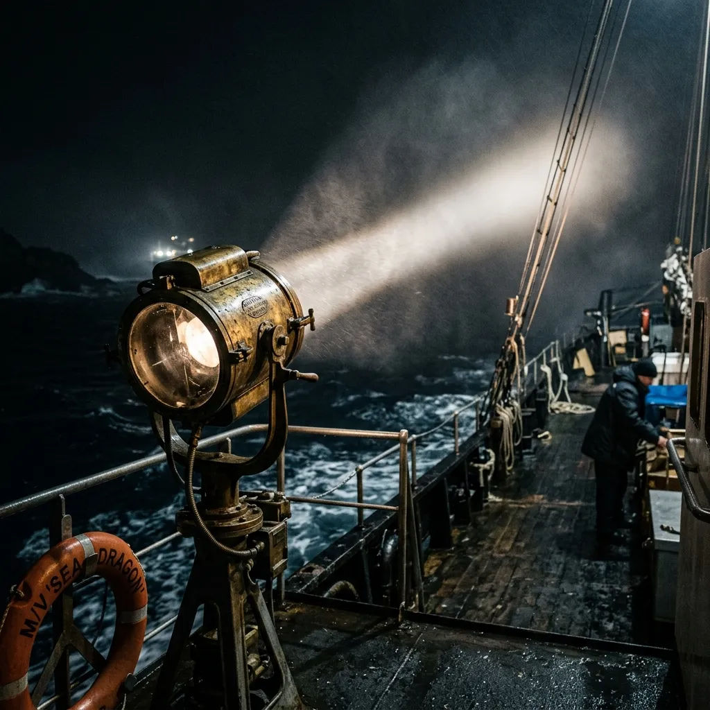 Vintage naval signal searchlight beam on a ship bridge at night