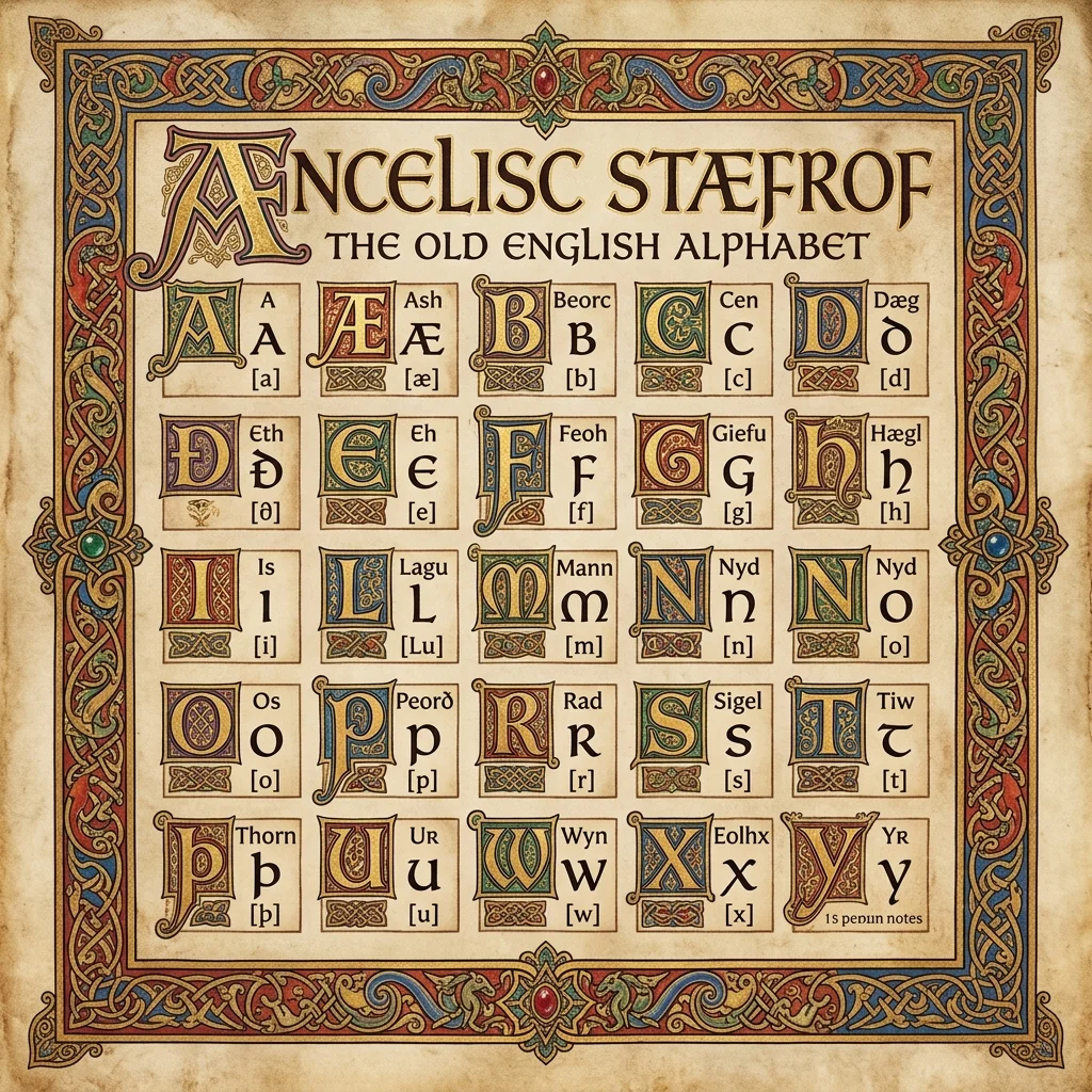 Complete Old English alphabet chart showing all 24 letters with IPA pronunciation values and modern English equivalents