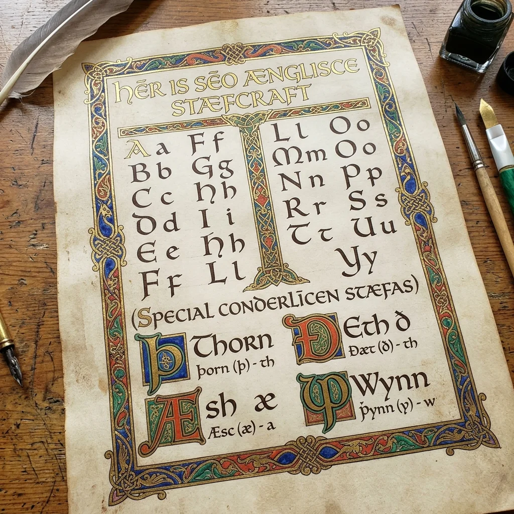 Old English alphabet letters illustrated on a parchment manuscript background showing thorn eth ash and wynn