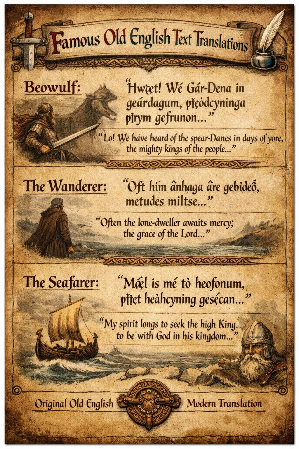 Famous Old English text translations from Anglo-Saxon manuscripts
